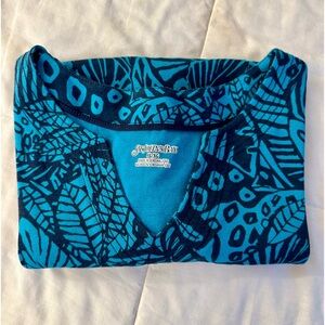 St John’s Bay XL V Neck Cap Sleeves soft cotton  topical leaves on blue top